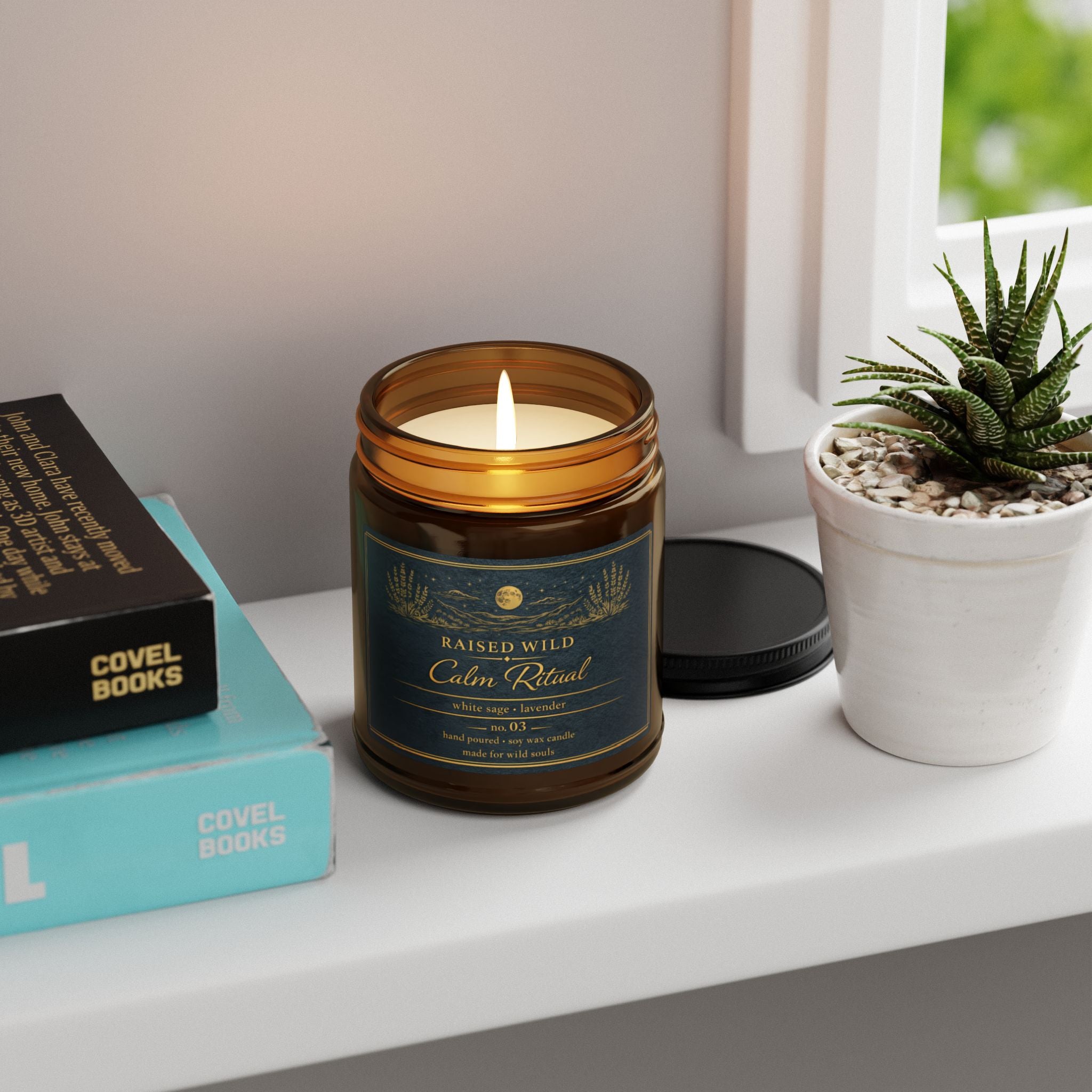 Calm Ritual- White Sage & Lavender Scented Soy Candle — Amber Jar 9oz