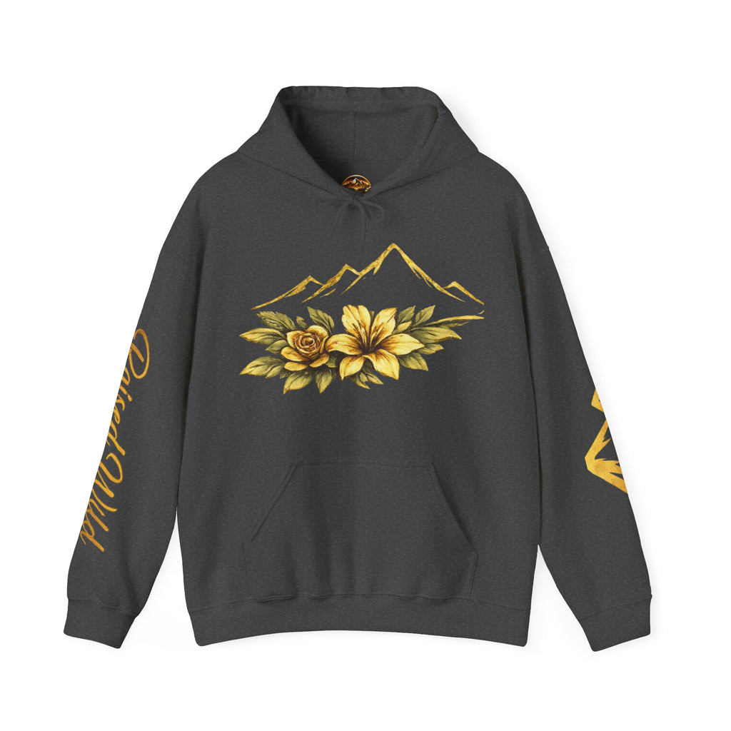 Golden Mountain Floral Hoodie — Nature-Inspired Adventure Pullover