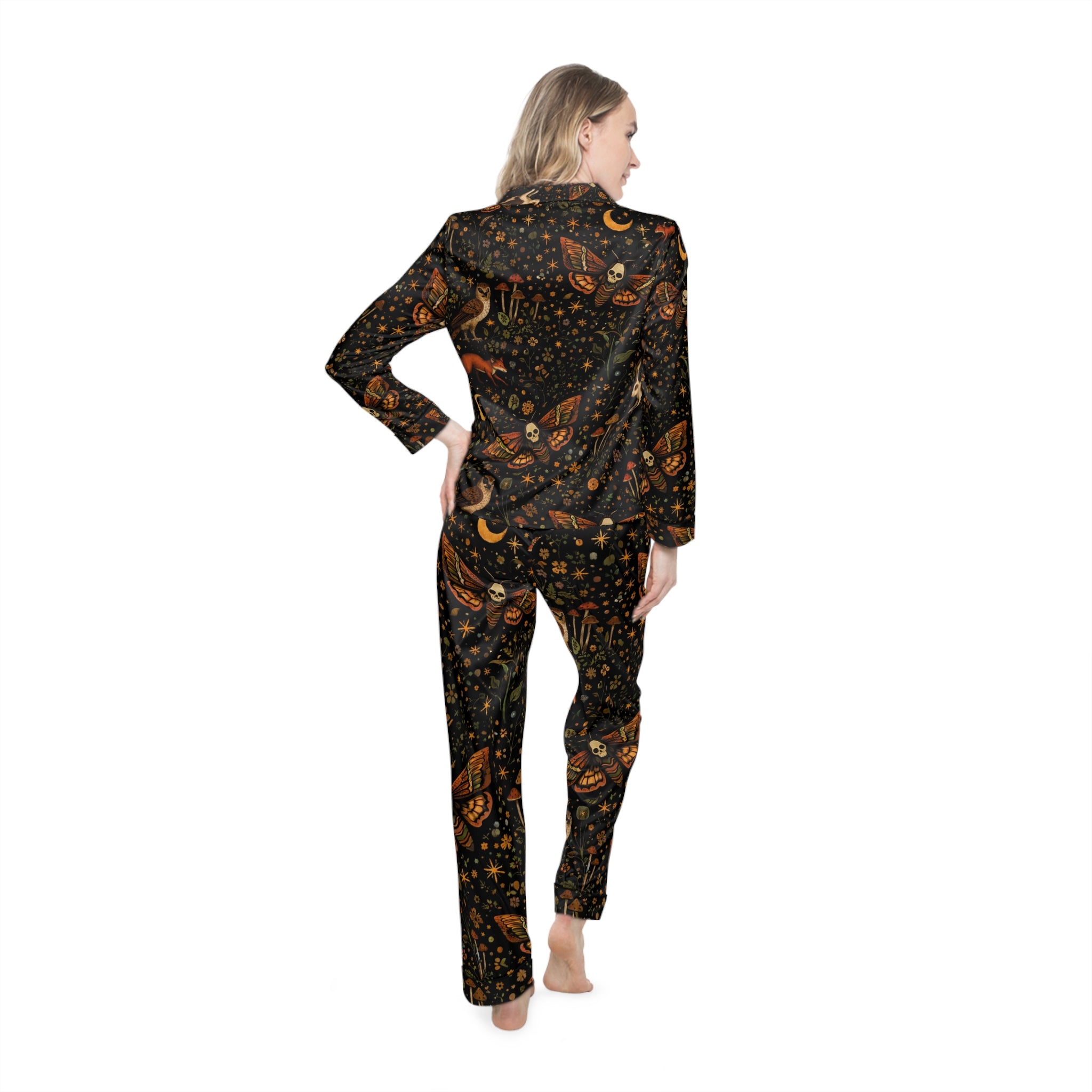Women's Satin Pajama Set — Celestial Moth & Fox Printed Loungewear