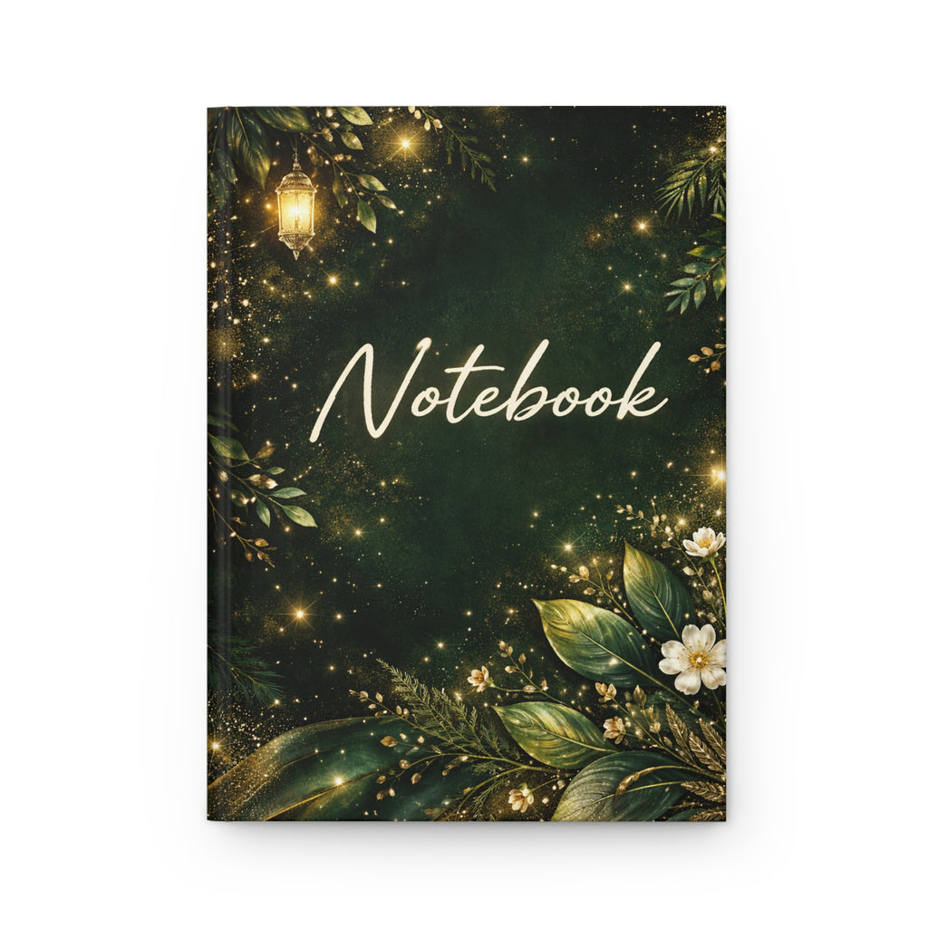 Hardcover Journal — Green Botanical Notebook with Gold Lights ("Notebook" / "Raised Wild")