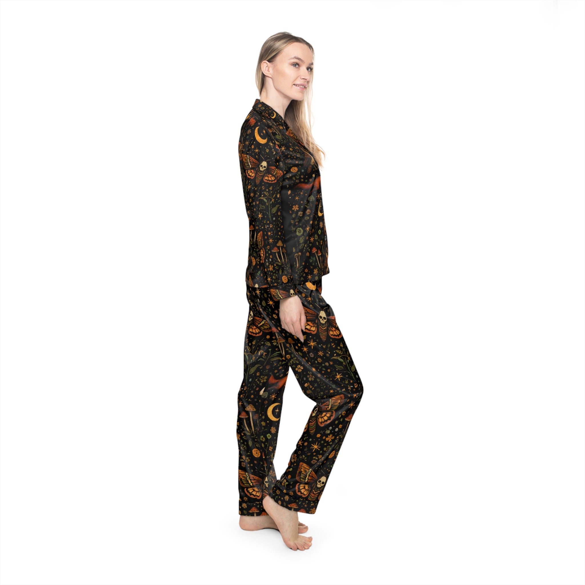 Women's Satin Pajama Set — Celestial Moth & Fox Printed Loungewear