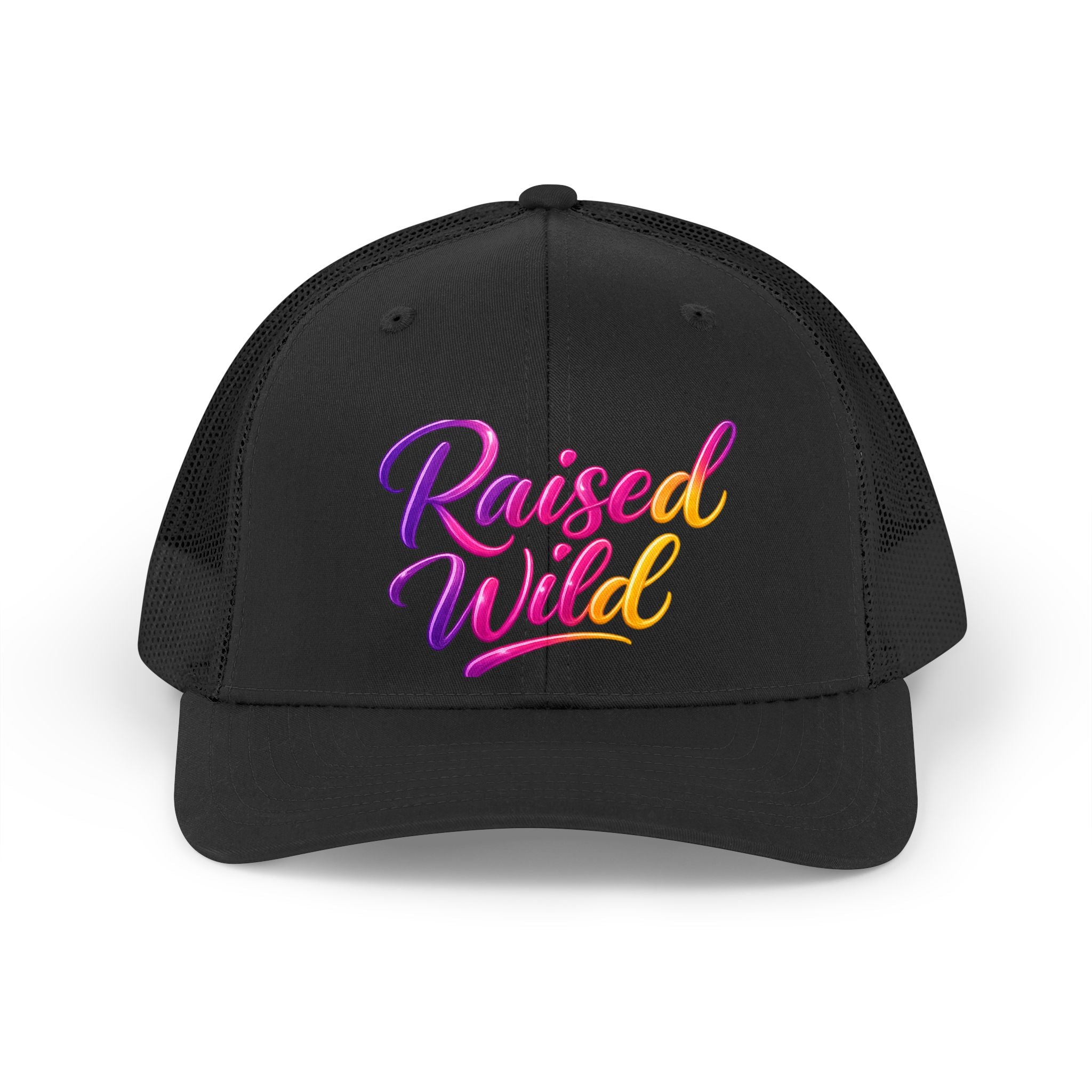 Raised Wild Trucker Hat — Retro Script Mesh Baseball Cap