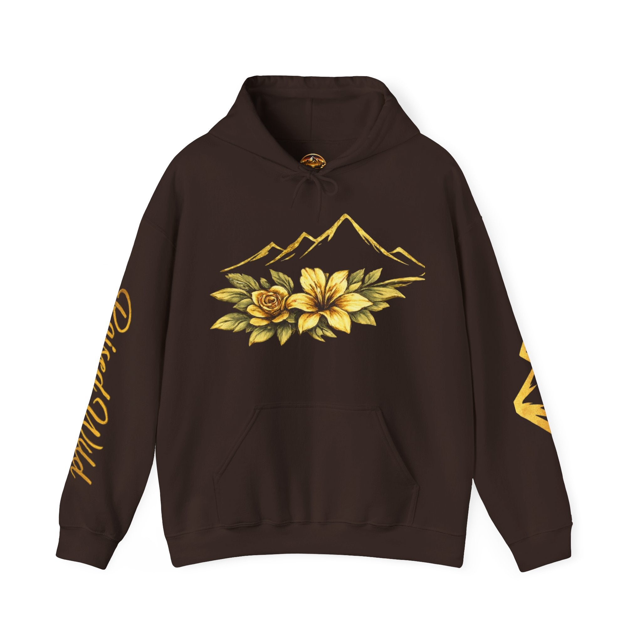 Golden Mountain Floral Hoodie — Nature-Inspired Adventure Pullover