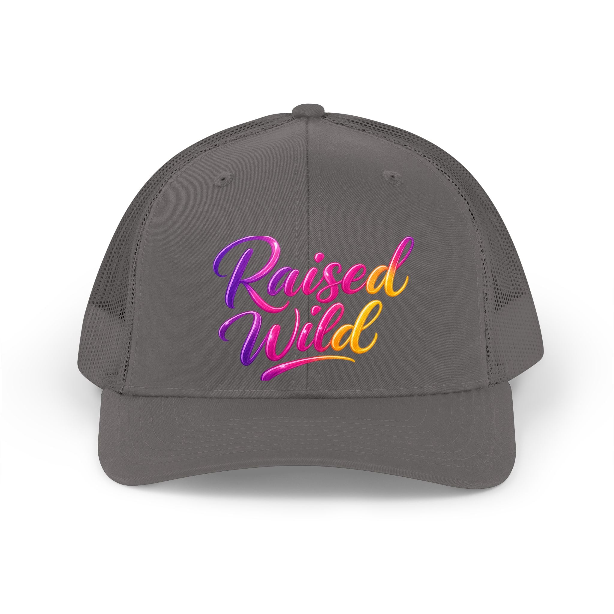 Raised Wild Trucker Hat — Retro Script Mesh Baseball Cap