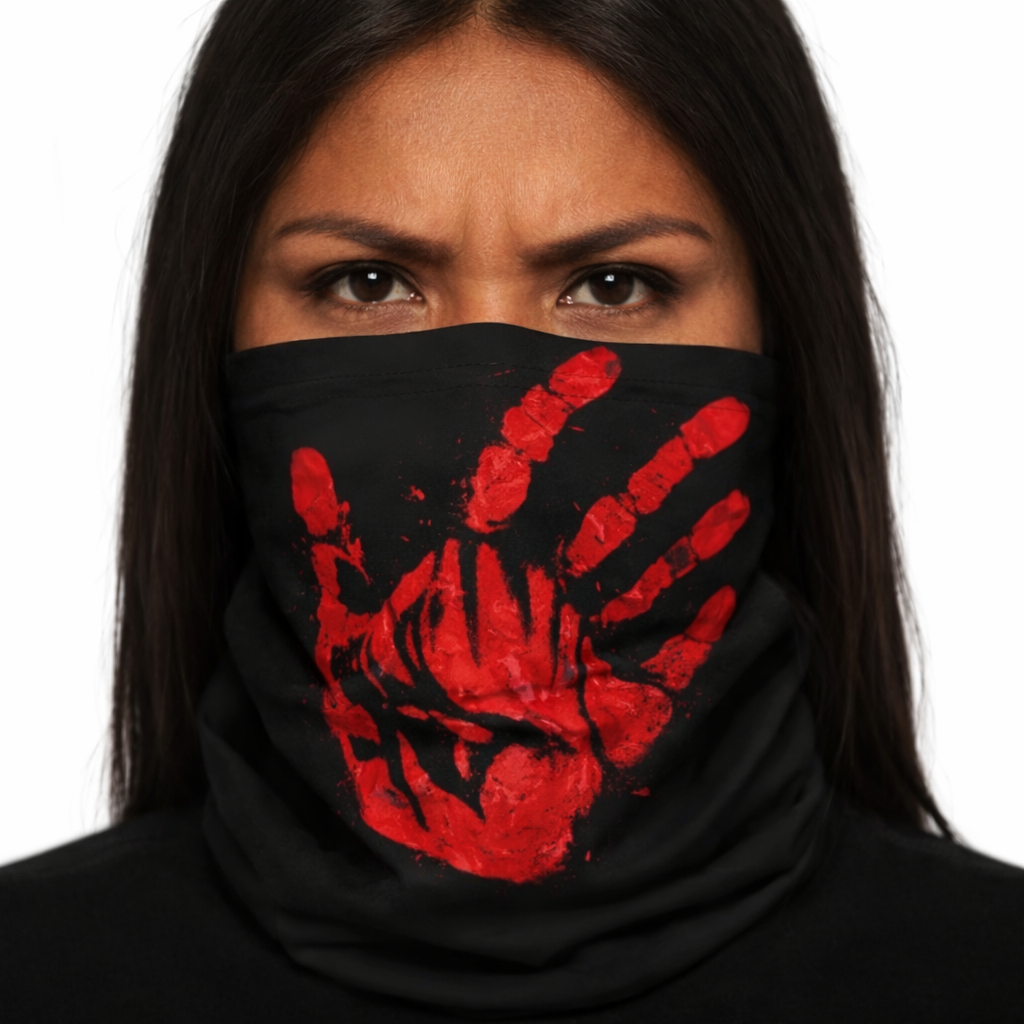 Red Hand Print Activism Neck Gaiter — MMIWG2S Statement Face Covering
