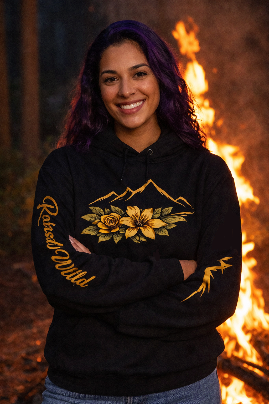Golden Mountain Floral Hoodie — Nature-Inspired Adventure Pullover