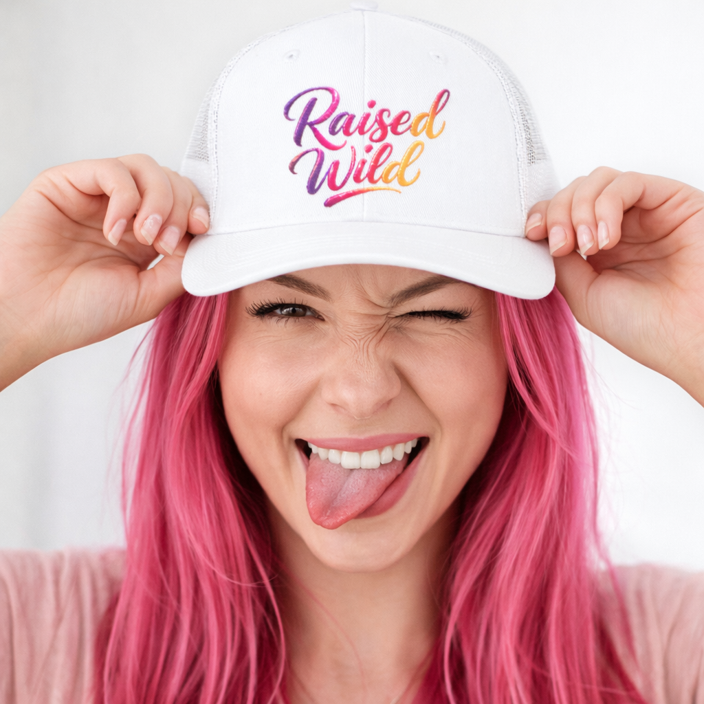 Raised Wild Trucker Hat — Retro Script Mesh Baseball Cap