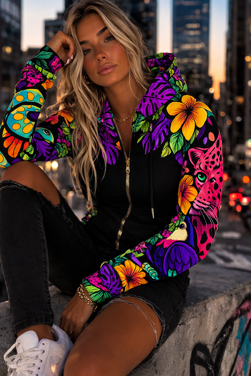 Black Tropical Jungle Full-Zip Hoodie — Unisex Tropical Jungle Design