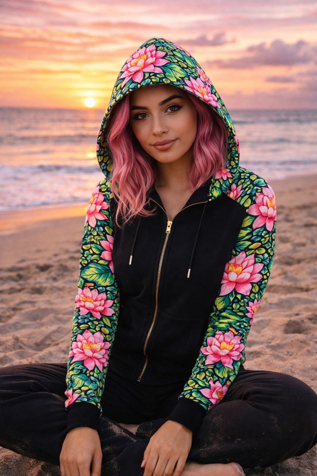 Lotus Flow Full-Zip Hoodie — Vibrant Unisex Lotus Design