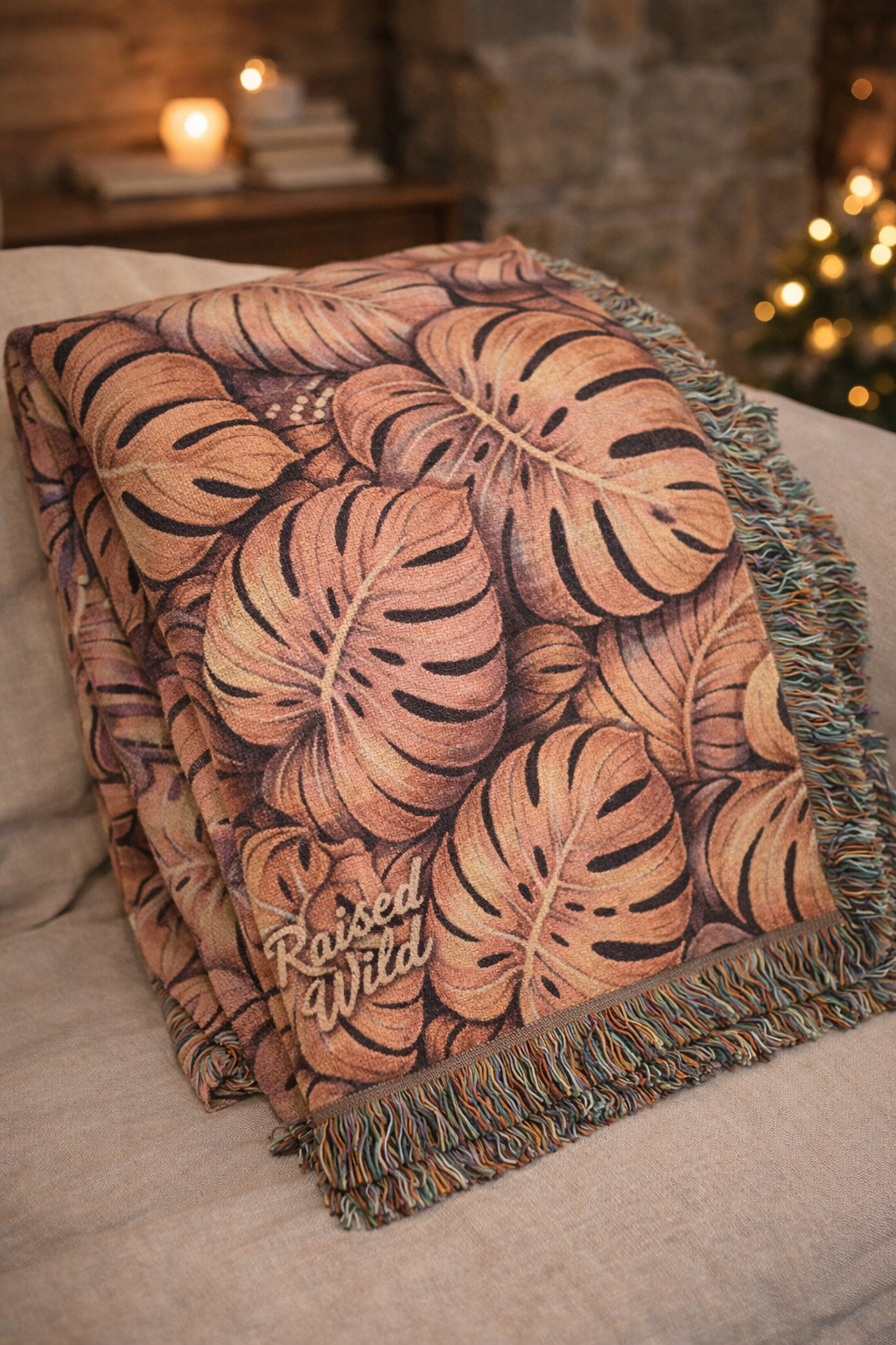 Tropical Monstera Woven Blanket – Boho Leaf Throw for Living Room & Beach
