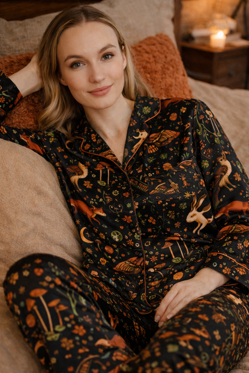 Women's Satin Pajama Set — Celestial Moth & Fox Printed Loungewear