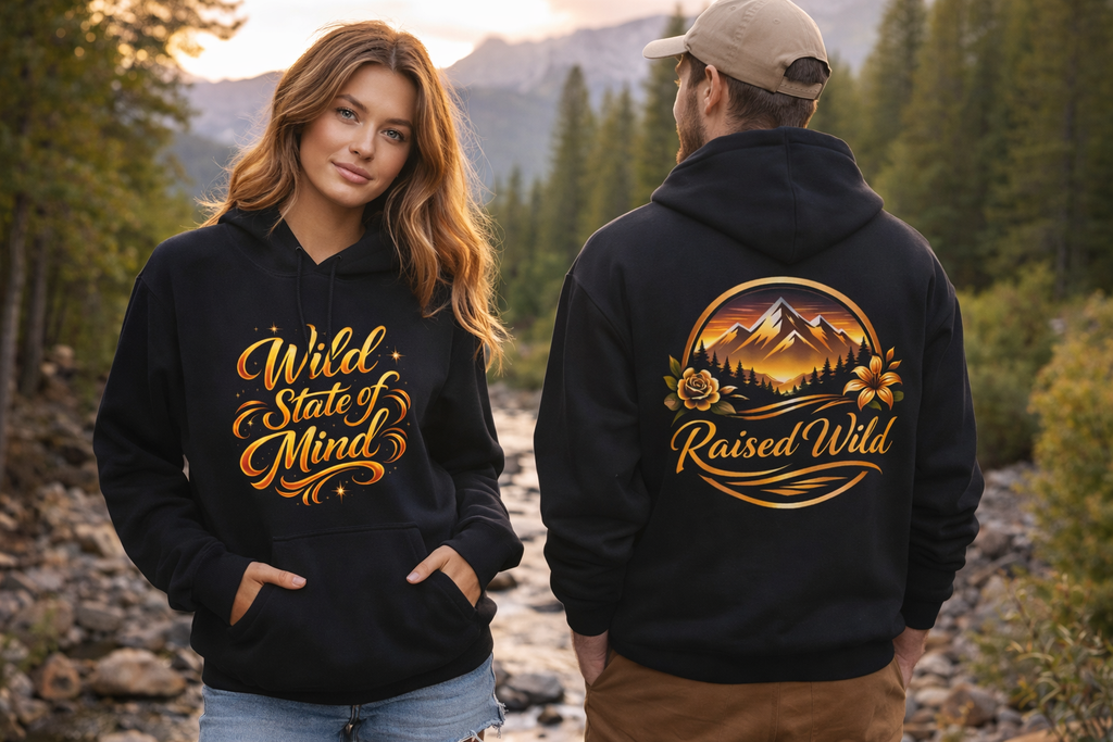 Raised Wild Hoodie — 'Wild State of Mind' Mountain Graphic Hooded Sweatshirt