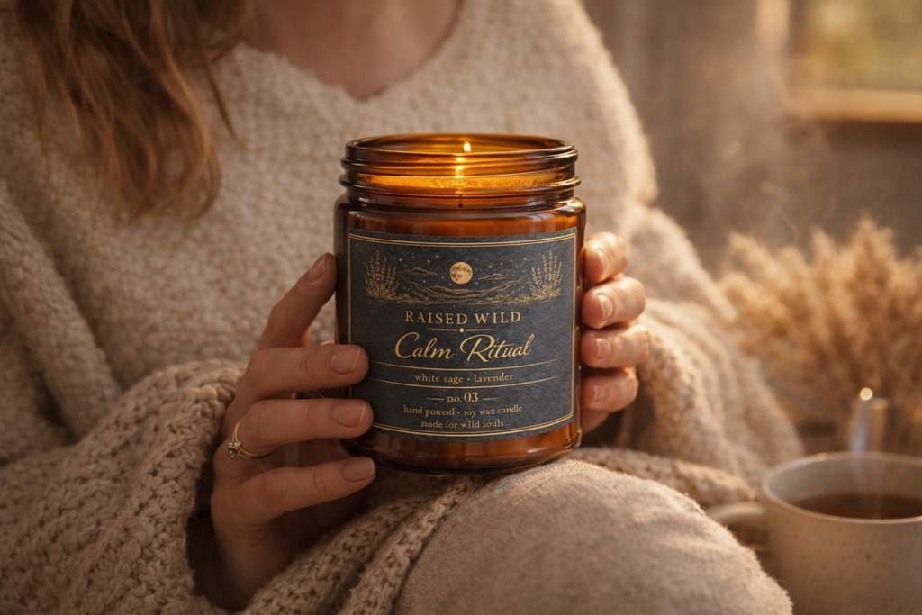 Calm Ritual- White Sage & Lavender Scented Soy Candle — Amber Jar 9oz