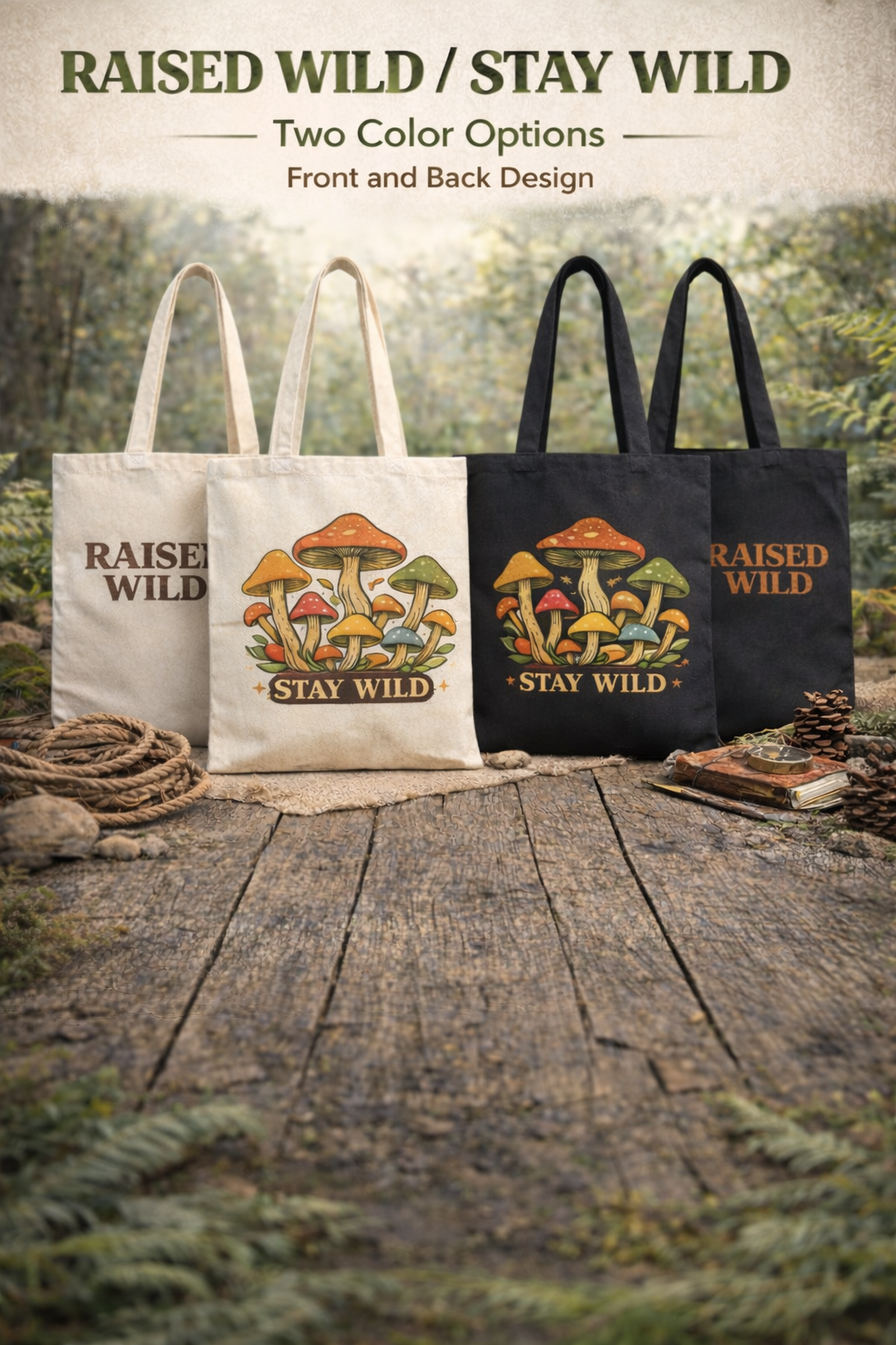 Stay Wild Mushroom Cotton Canvas Tote Bag — Multi-Use Market & Beach Bag