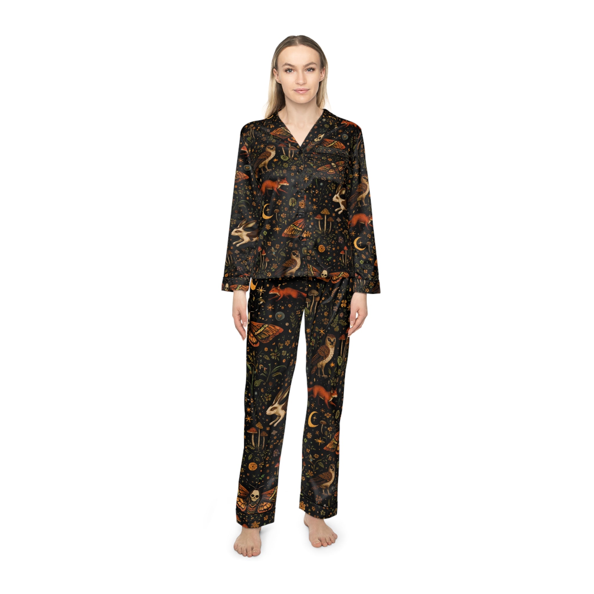 Women's Satin Pajama Set — Celestial Moth & Fox Printed Loungewear