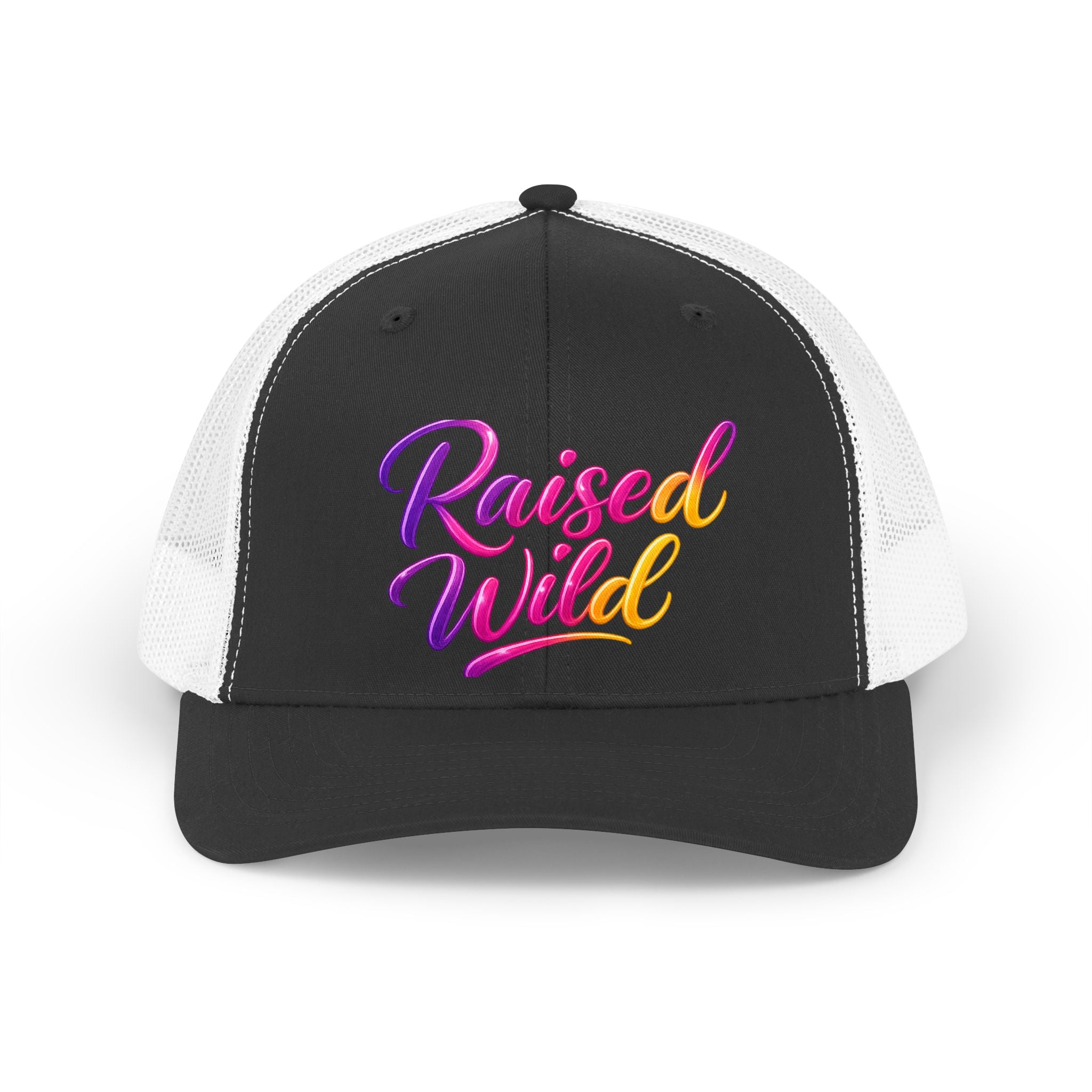 Raised Wild Trucker Hat — Retro Script Mesh Baseball Cap